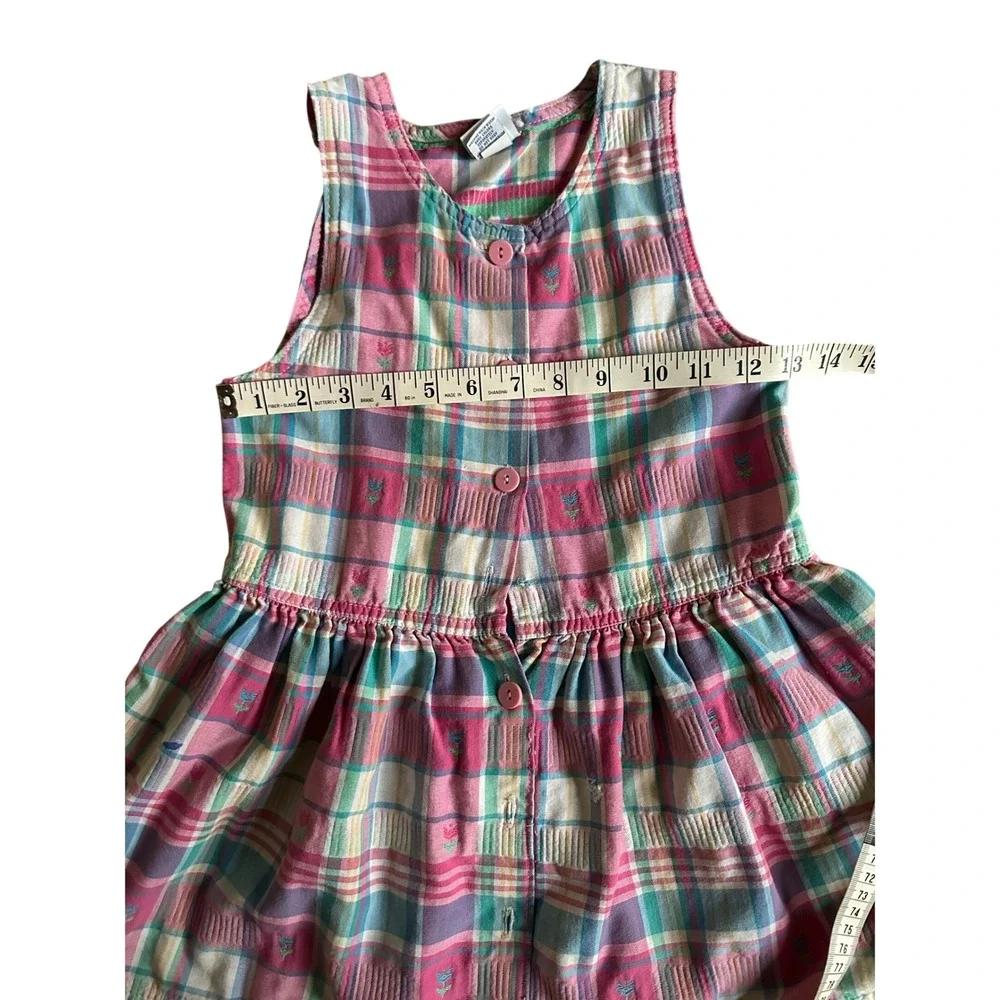 FLAWS Vintage Oshkosh Plaid Tartan Dress Girl 6 Girlhoodcore Cottagecore Floral